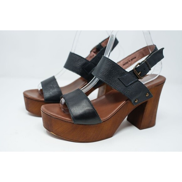 MUSSE & CLOUD 40 US9 Leiza Black Leather Sandals Wood Heel & Platform SPAIN - Picture 1 of 14